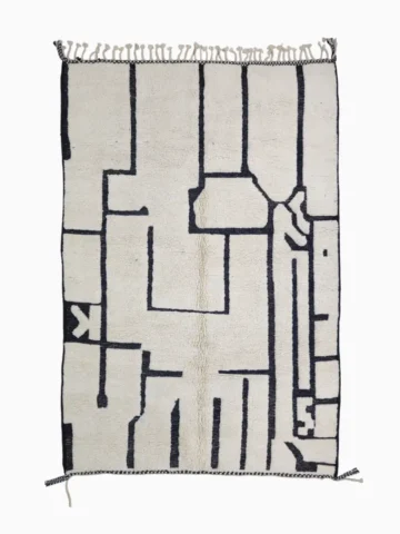 Top View of Handmade Moroccan Beni Ourain wool rug with abstract striped pattern in ivory and black