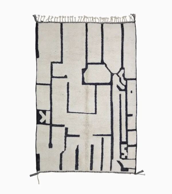 Top View of Handmade Moroccan Beni Ourain wool rug with abstract striped pattern in ivory and black
