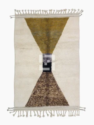 Top View of Juda handmade Beni Mrirt wool rug with a minimalist geometric design in mustard yellow, brown, black, gray, and white