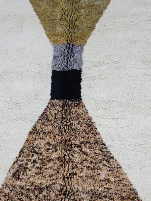 Detailed View of Juda handmade Beni Mrirt wool rug with a minimalist geometric design in mustard yellow, brown, black, gray, and white