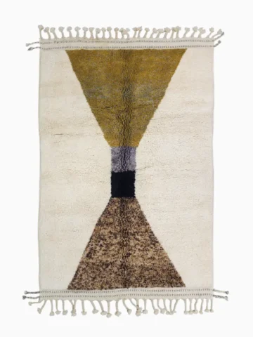 Top View of Juda handmade Beni Mrirt wool rug with a minimalist geometric design in mustard yellow, brown, black, gray, and white