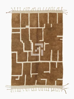 Top View of Handmade Moroccan wool rug with an abstract maze-like design in brown and off-white