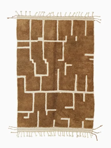 Top View of Handmade Moroccan wool rug with an abstract maze-like design in brown and off-white