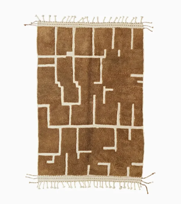 Top View of Handmade Moroccan wool rug with an abstract maze-like design in brown and off-white