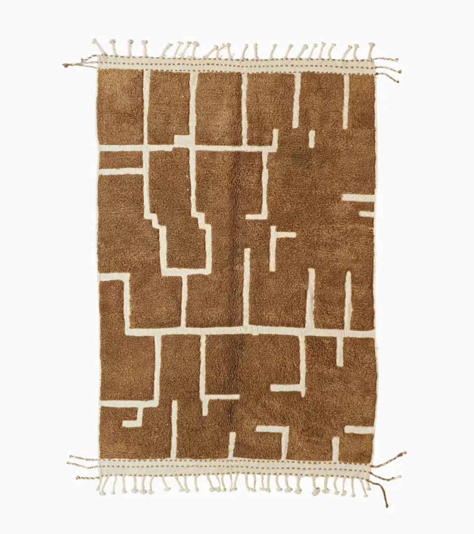 Top View of Handmade Moroccan wool rug with an abstract maze-like design in brown and off-white