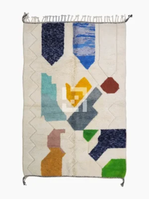 Top View of Kaia handmade Moroccan wool rug with a vibrant abstract design and a textured high/low pile