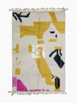 Top View of Kami handmade Beni Ourain wool rug with a contemporary abstract design in yellow, black, and pink