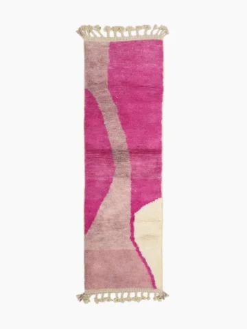 Top View of Kami handmade Beni Ourain wool runner with a pink abstract design in fuchsia and ivory