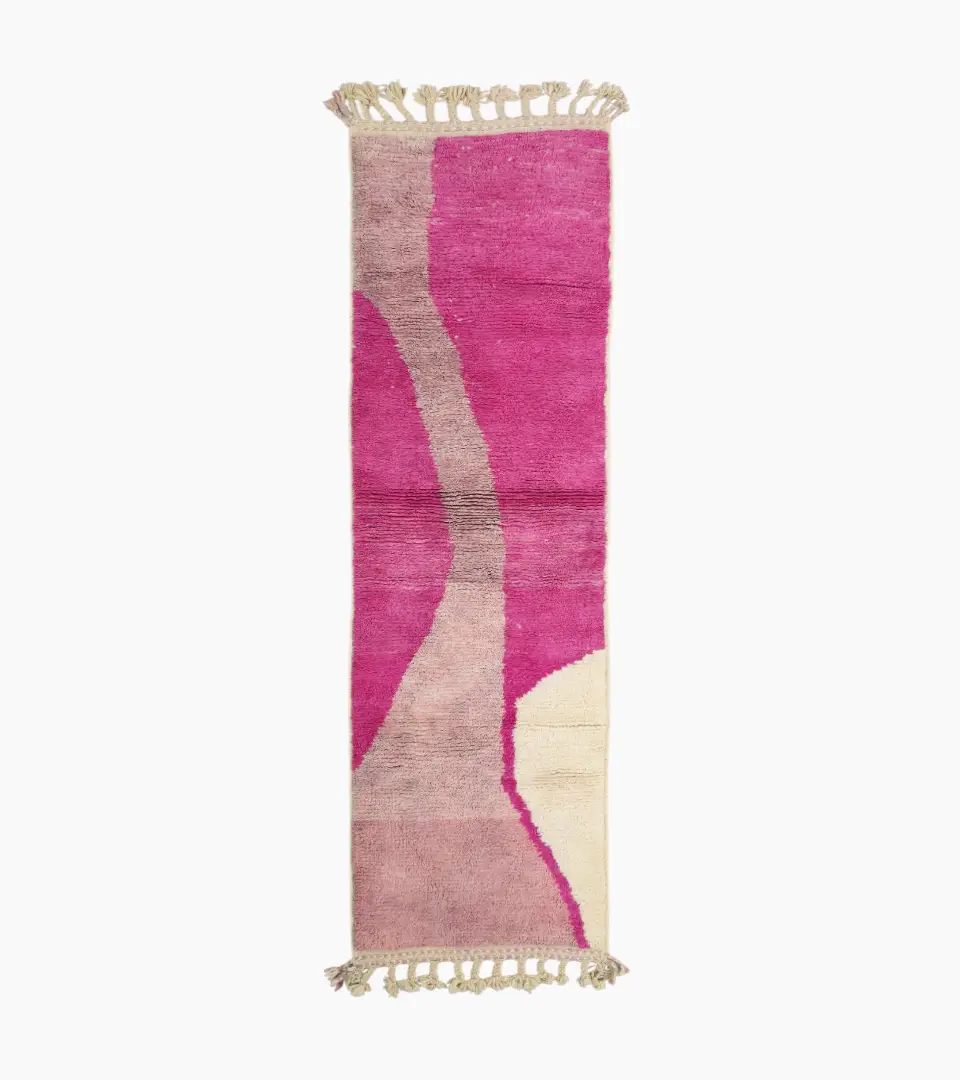 Top View of Kami handmade Beni Ourain wool runner with a pink abstract design in fuchsia and ivory