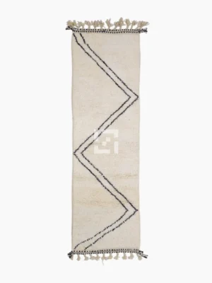 Top View of Kareen handmade Beni Ourain wool runner with a minimalist geometric zigzag design in black and ivory