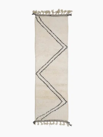 Top View of Kareen handmade Beni Ourain wool runner with a minimalist geometric zigzag design in black and ivory
