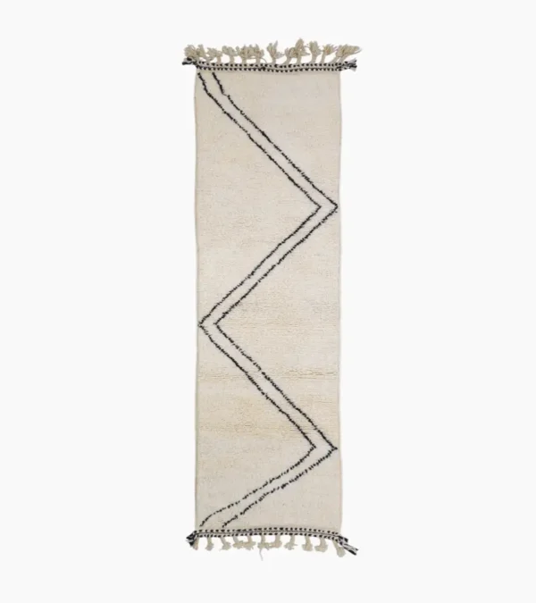 Top View of Kareen handmade Beni Ourain wool runner with a minimalist geometric zigzag design in black and ivory