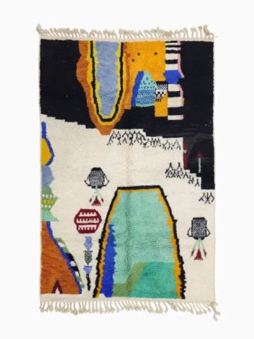 Top View of Moroccan Azilal wool rug with symbolic color-rich design from the Kezrah Tapestry Flow series