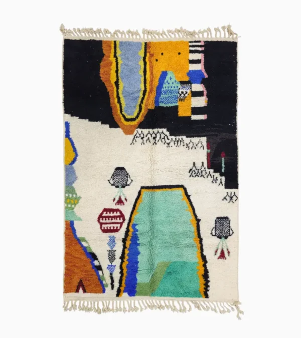 Top View of Moroccan Azilal wool rug with symbolic color-rich design from the Kezrah Tapestry Flow series