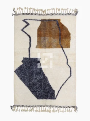 Top View of Kita handmade Beni Ourain wool rug with a minimalist abstract design in brown, black, and ivory