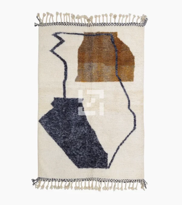 Top View of Kita handmade Beni Ourain wool rug with a minimalist abstract design in brown, black, and ivory