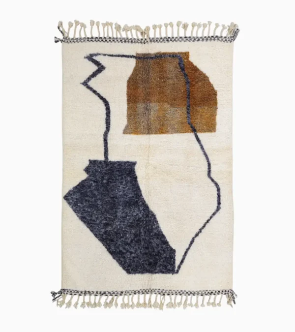 Top View of Kita handmade Beni Ourain wool rug with a minimalist abstract design in brown, black, and ivory