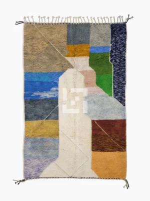 Top View of Leila handmade Beni Mrirt wool rug with a contemporary abstract patchwork design in multicolor, including brown, blue, yellow, and gray