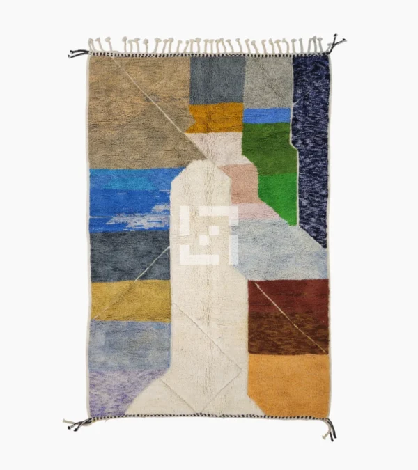 Top View of Leila handmade Beni Mrirt wool rug with a contemporary abstract patchwork design in multicolor, including brown, blue, yellow, and gray