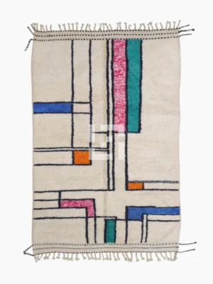 Top View of Lina handmade Beni Ourain wool rug with a geometric lined design in black, ivory, blue, pink, orange, and teal