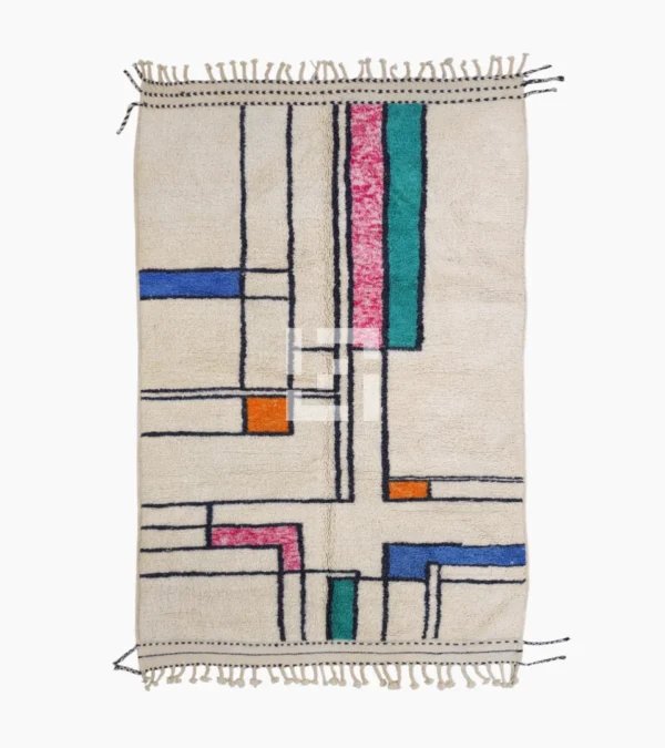 Top View of Lina handmade Beni Ourain wool rug with a geometric lined design in black, ivory, blue, pink, orange, and teal
