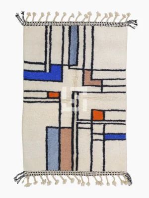 Top View of Lina handmade Beni Ourain wool rug with a modern abstract geometric design in blue, brown, and orange