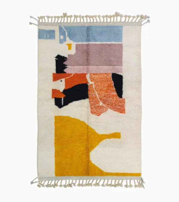 Top View of Handmade Moroccan wool rug with abstract multicolor geometric shapes