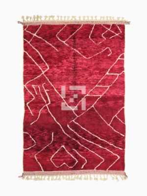 Top View of Lina handmade Beni Mrirt wool rug with an abstract lined design in red and ivory