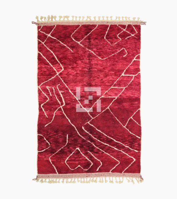Top View of Lina handmade Beni Mrirt wool rug with an abstract lined design in red and ivory