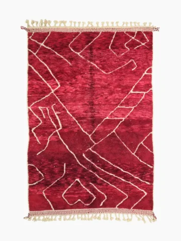Top View of Lina handmade Beni Mrirt wool rug with an abstract lined design in red and ivory