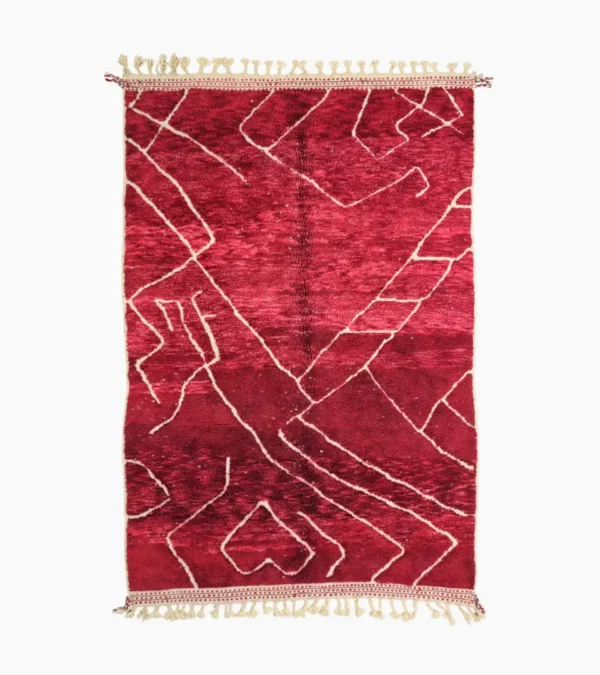 Top View of Lina handmade Beni Mrirt wool rug with an abstract lined design in red and ivory