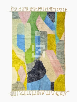 Top View of Liora handmade Beni Ourain wool rug with a vibrant abstract design in green, blue, yellow, and pink