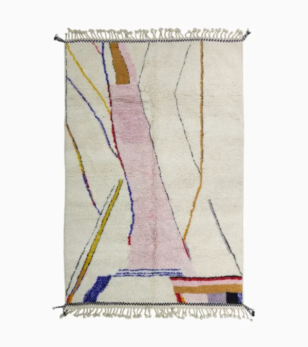 Top View of Handmade Moroccan Azilal wool rug with unique abstract pink, yellow, blue, and brown lines and shapes on an ivory background