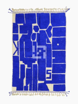 Top View of Lora handmade Moroccan wool rug with an abstract striped blue and ivory design and high/low pile