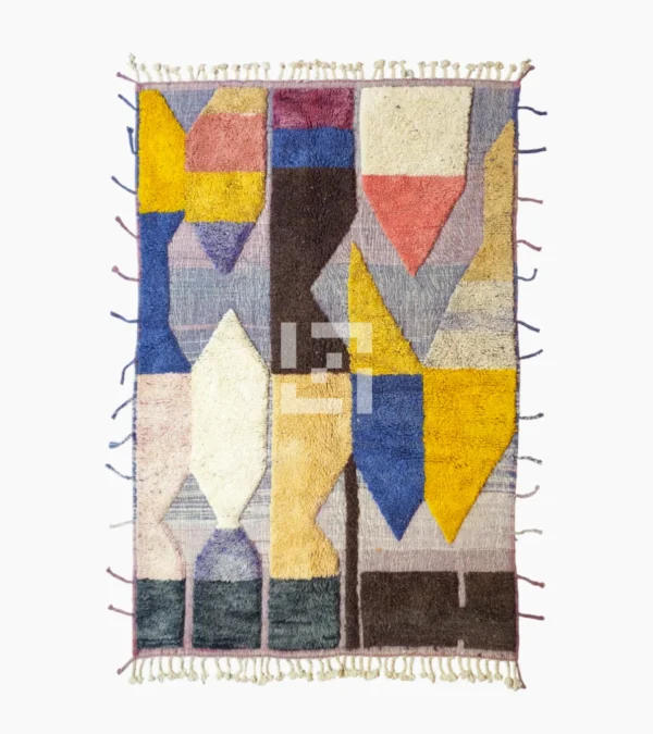 Top View of Handmade Moroccan wool rug with a modern abstract design and a high-low pile