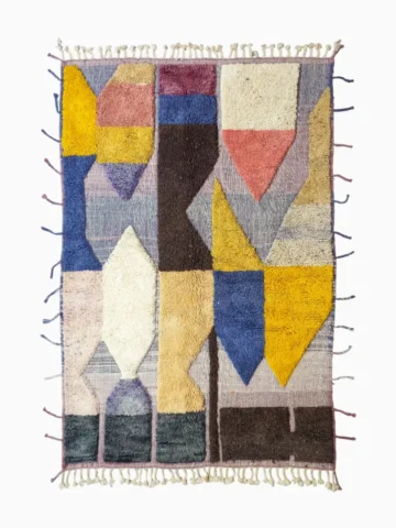 Top View of Handmade Moroccan wool rug with a modern abstract design and a high-low pile