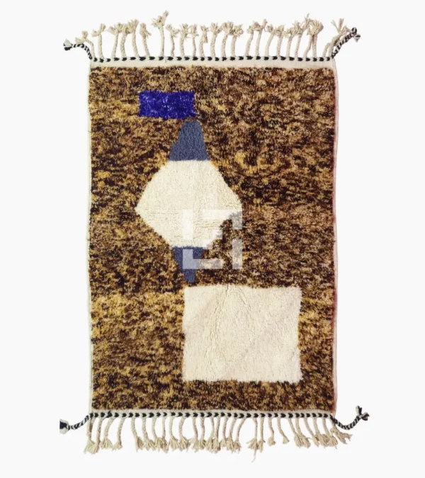 Top View of Luna handmade Beni Ourain wool rug with a boho brown background and a geometric pattern in ivory and blue