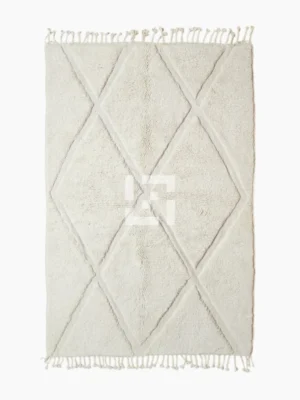 Top View of Handmade Moroccan wool rug with a raised diamond trellis pattern in off-white