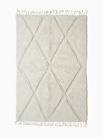 Top View of Handmade Moroccan wool rug with a raised diamond trellis pattern in off-white