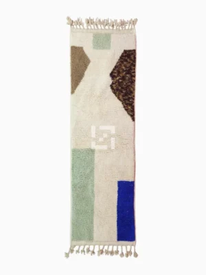 Top View of Luxurious colorful blocks Moroccan runner rug with a modern design in green, blue, and brown