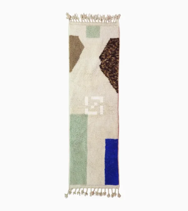Top View of Luxurious colorful blocks Moroccan runner rug with a modern design in green, blue, and brown