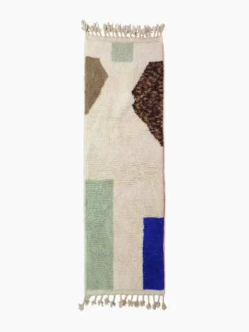Top View of Luxurious colorful blocks Moroccan runner rug with a modern design in green, blue, and brown