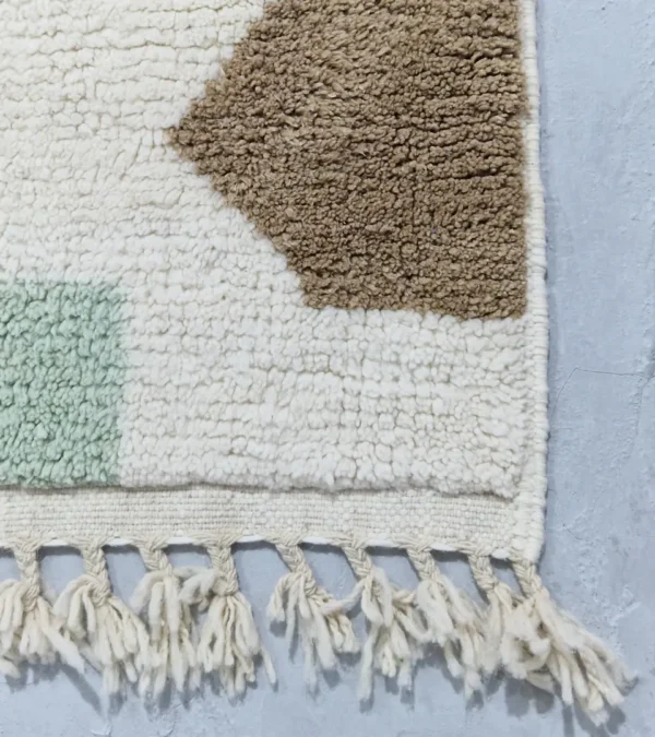 Detailed View of Luxurious colorful blocks Moroccan runner rug with a modern design in green, blue, and brown
