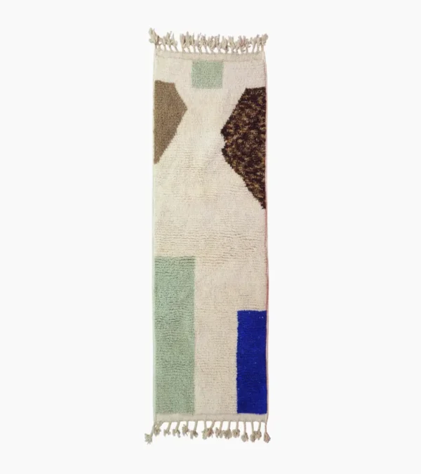 Top View of Luxurious colorful blocks Moroccan runner rug with a modern design in green, blue, and brown