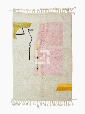 Top View of Handmade Moroccan wool rug with an abstract colorblock design in pink, yellow, and black