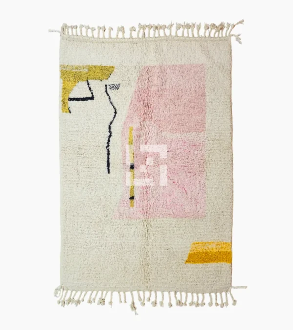 Top View of Handmade Moroccan wool rug with an abstract colorblock design in pink, yellow, and black