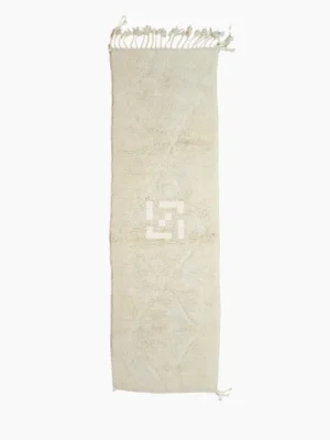 Top View of Handmade Beni Ourain wool runner with a minimalist lattice design created by high-low pile in ivory
