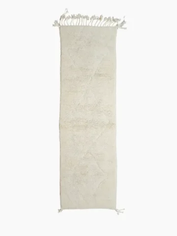 Top View of Handmade Beni Ourain wool runner with a minimalist lattice design created by high-low pile in ivory
