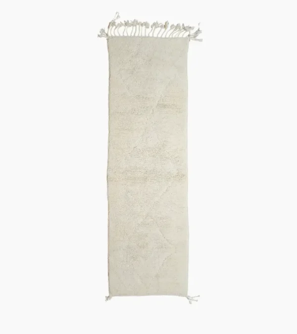 Top View of Handmade Beni Ourain wool runner with a minimalist lattice design created by high-low pile in ivory