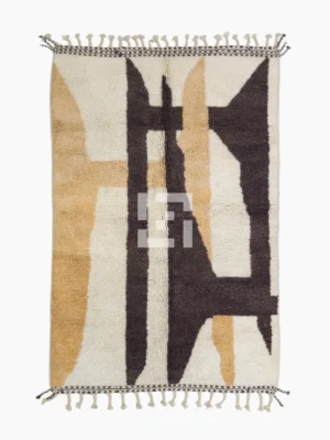 Top View of Mira handmade Moroccan wool rug with a modern geometric abstract design in brown and beige